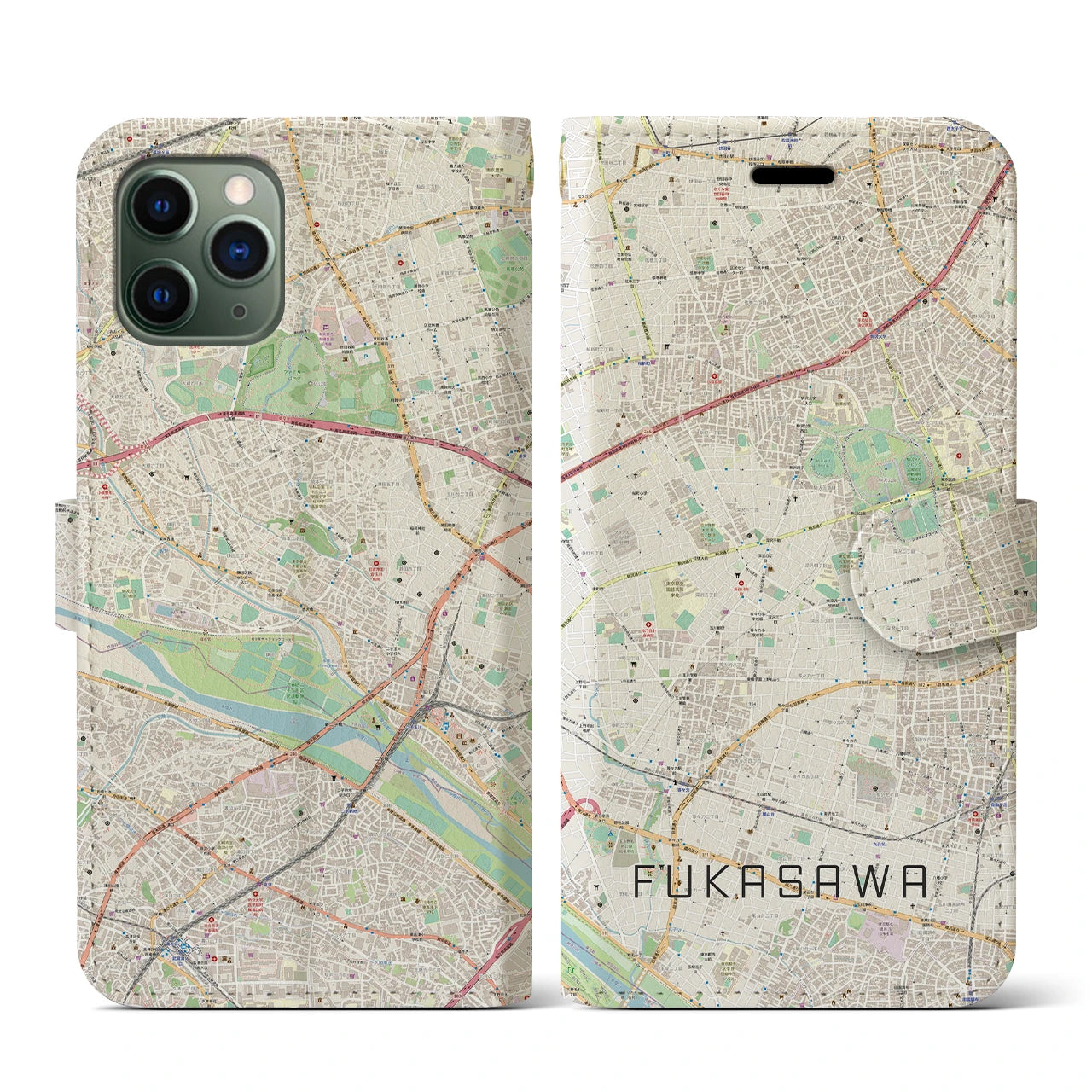 【深沢(東京都)】地図柄iPhoneケース(手帳タイプ)ナチュラル・iPhone 11 Pro 用