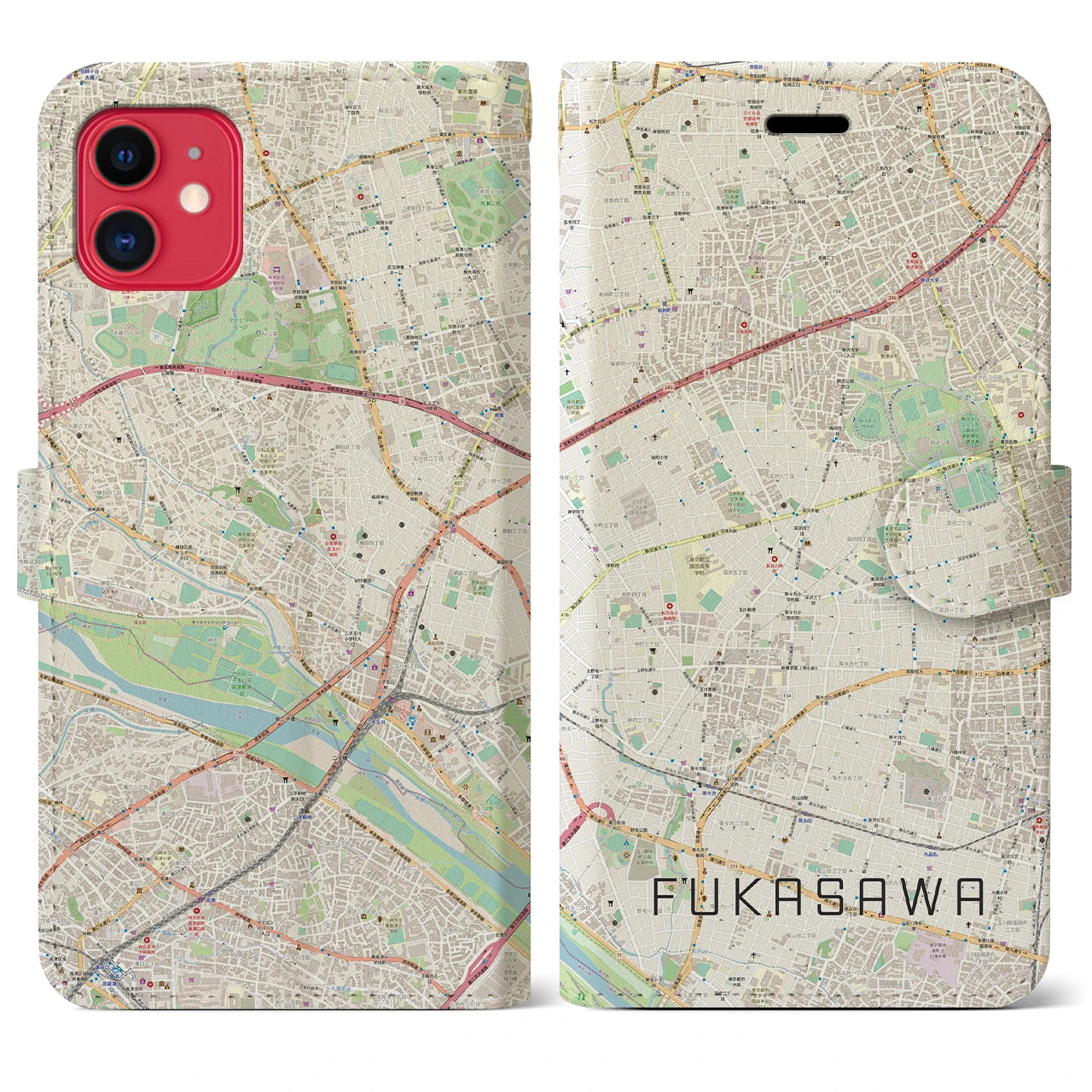 【深沢(東京都)】地図柄iPhoneケース(手帳タイプ)ナチュラル・iPhone 11 用