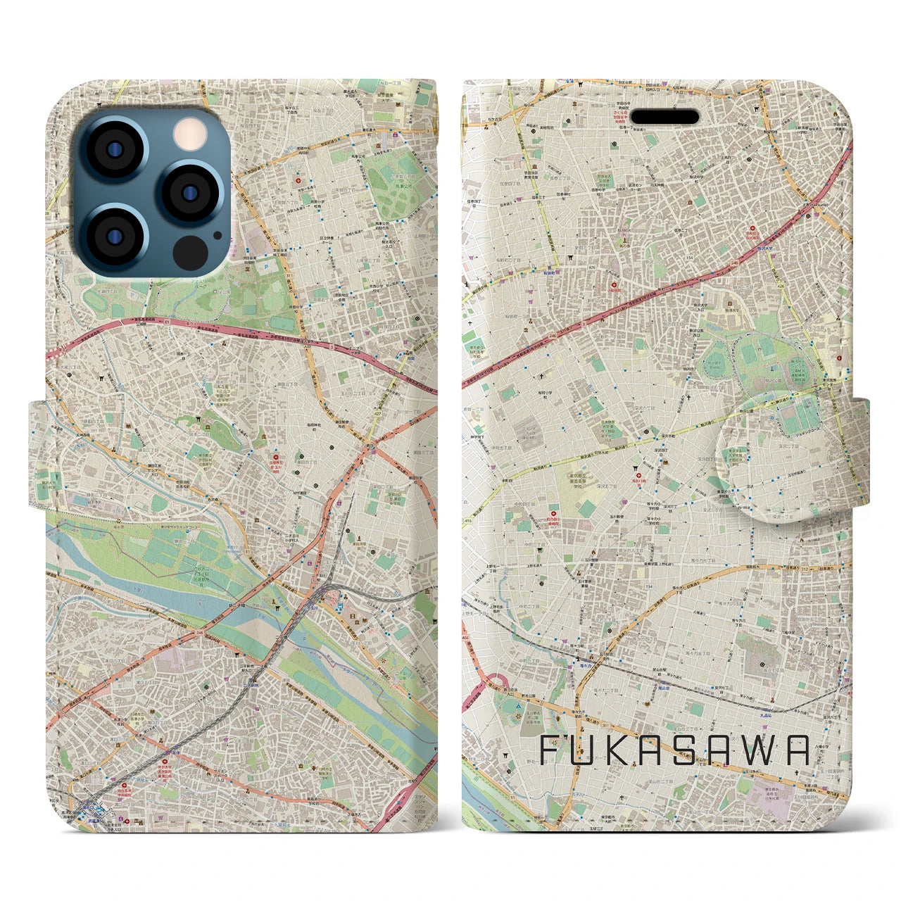【深沢(東京都)】地図柄iPhoneケース(手帳タイプ)ナチュラル・iPhone 12 / 12 Pro 用