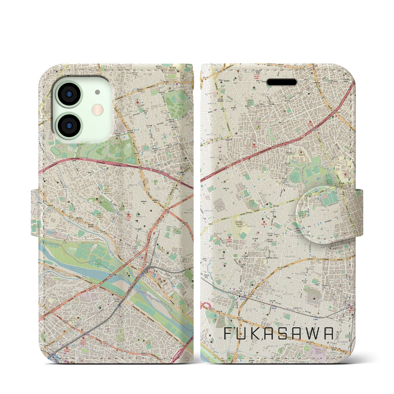 【深沢(東京都)】地図柄iPhoneケース(手帳タイプ)ナチュラル・iPhone 12 mini 用