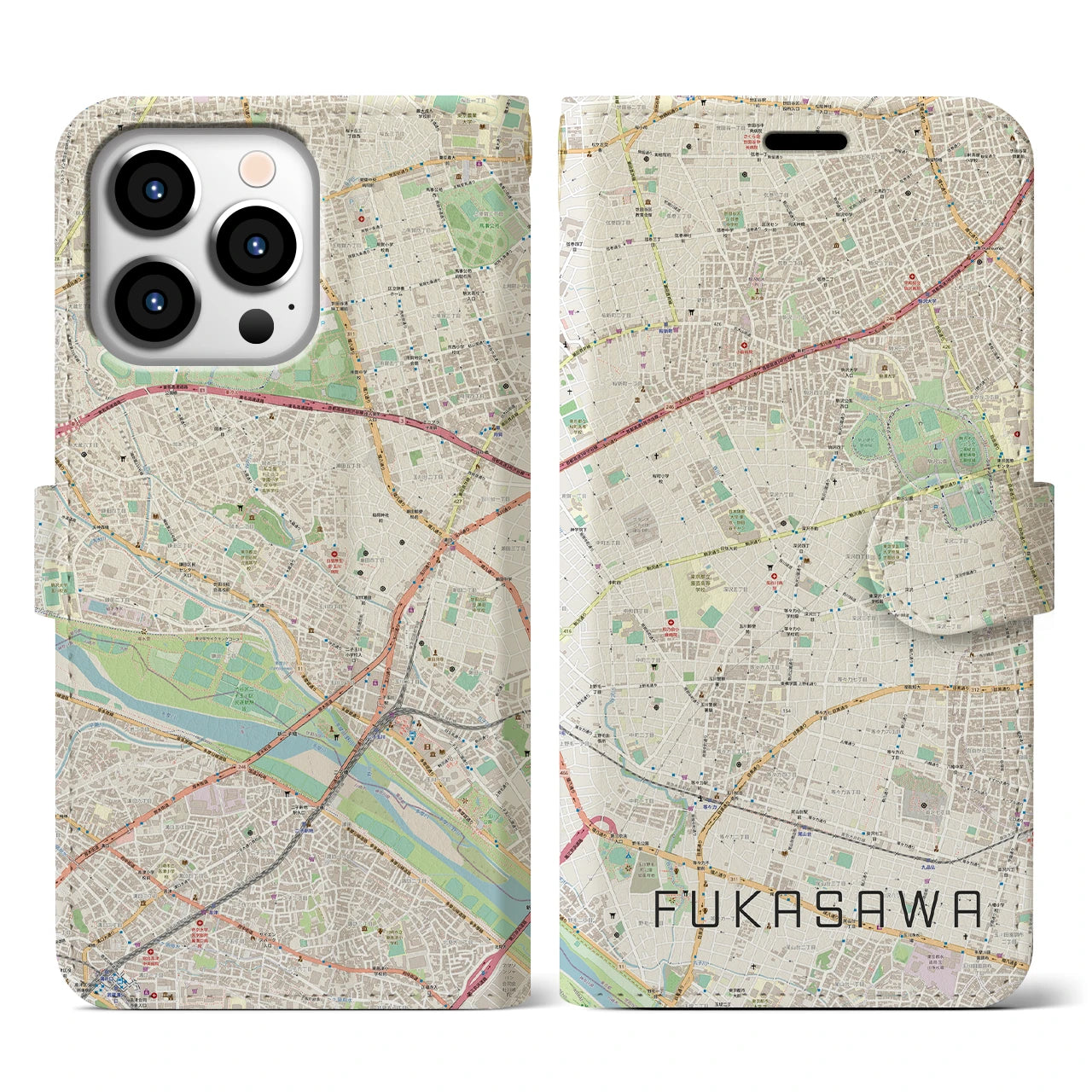 【深沢(東京都)】地図柄iPhoneケース(手帳タイプ)ナチュラル・iPhone 13 Pro 用