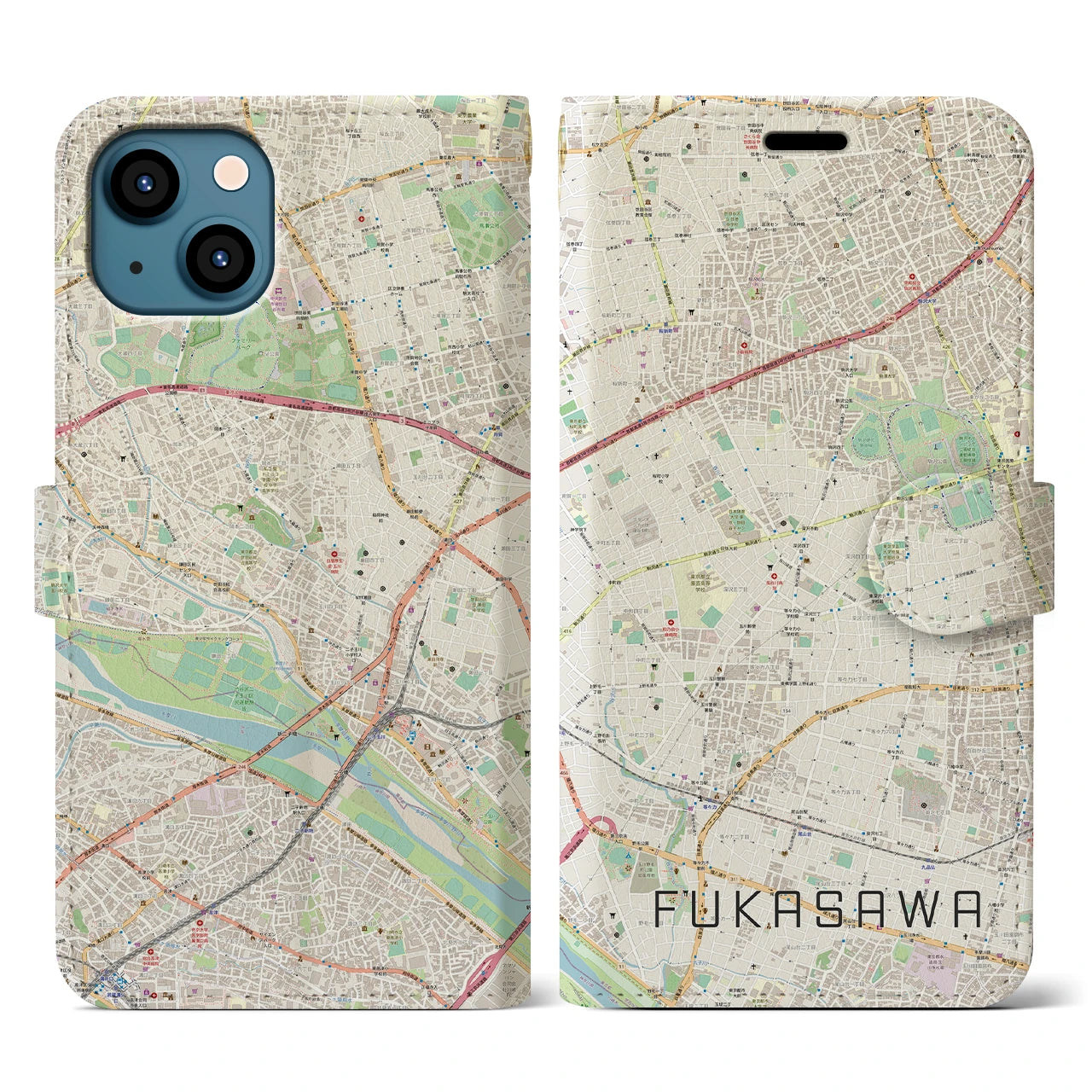 【深沢(東京都)】地図柄iPhoneケース(手帳タイプ)ナチュラル・iPhone 13 用