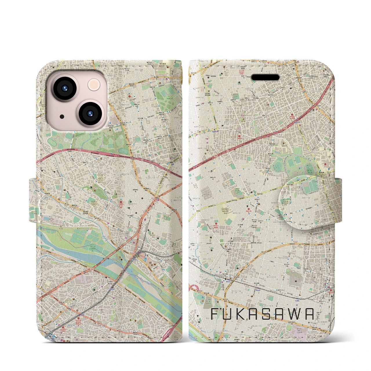 【深沢(東京都)】地図柄iPhoneケース(手帳タイプ)ナチュラル・iPhone 13 mini 用