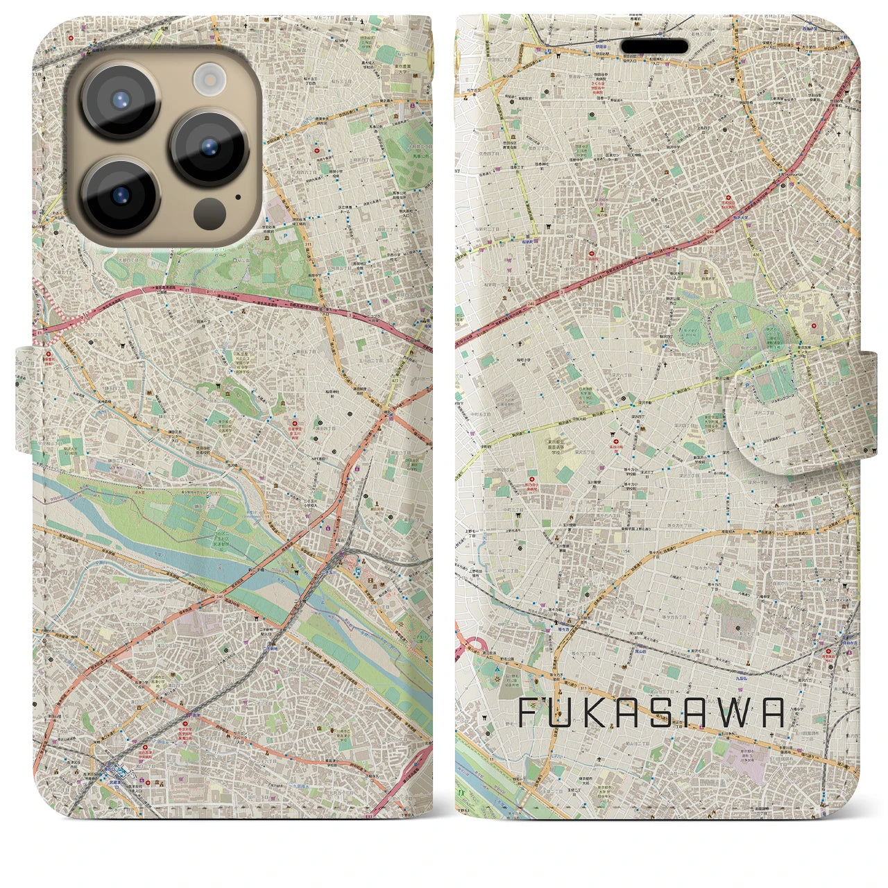 【深沢(東京都)】地図柄iPhoneケース(手帳タイプ)ナチュラル・iPhone 14 Pro Max 用