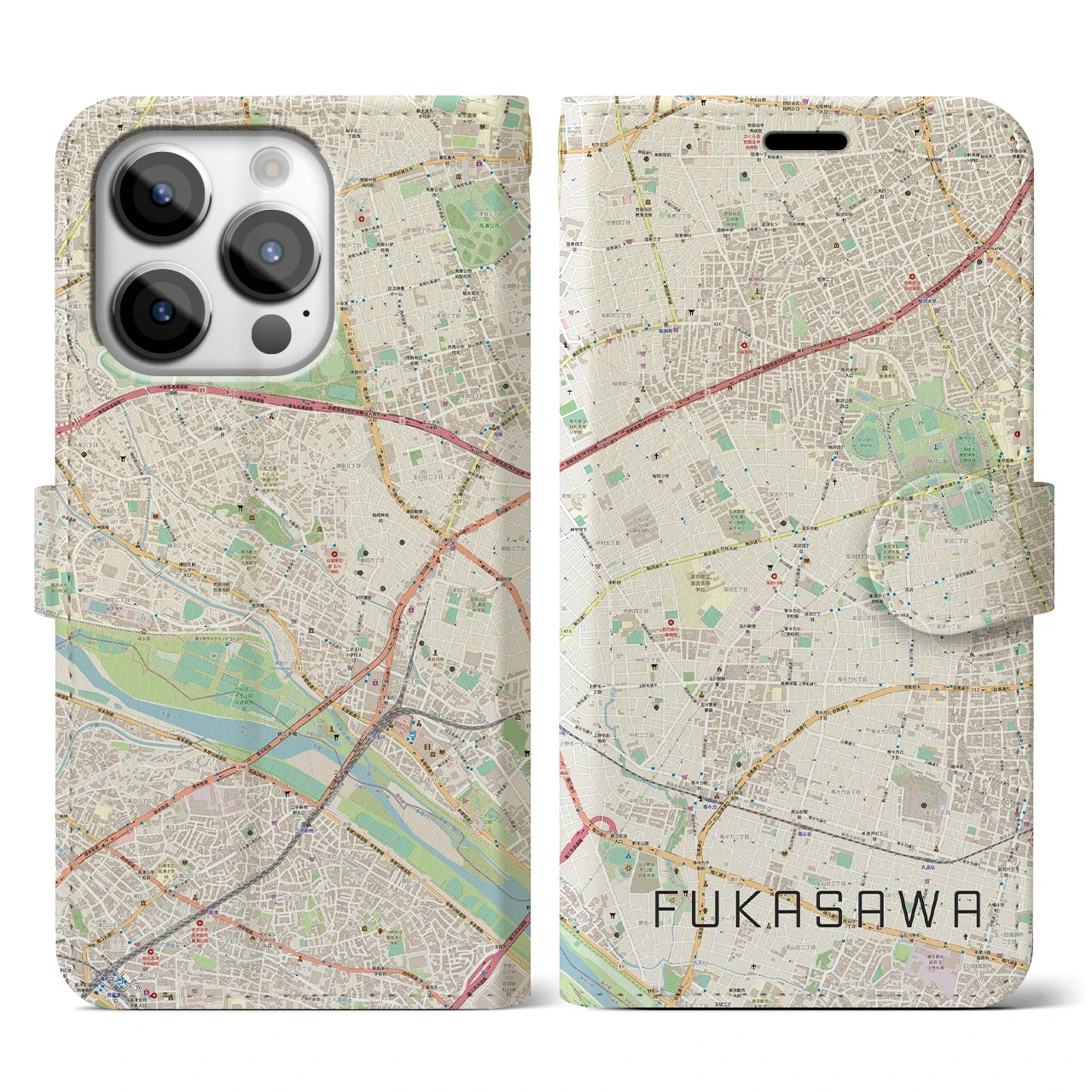 【深沢(東京都)】地図柄iPhoneケース(手帳タイプ)ナチュラル・iPhone 14 Pro 用