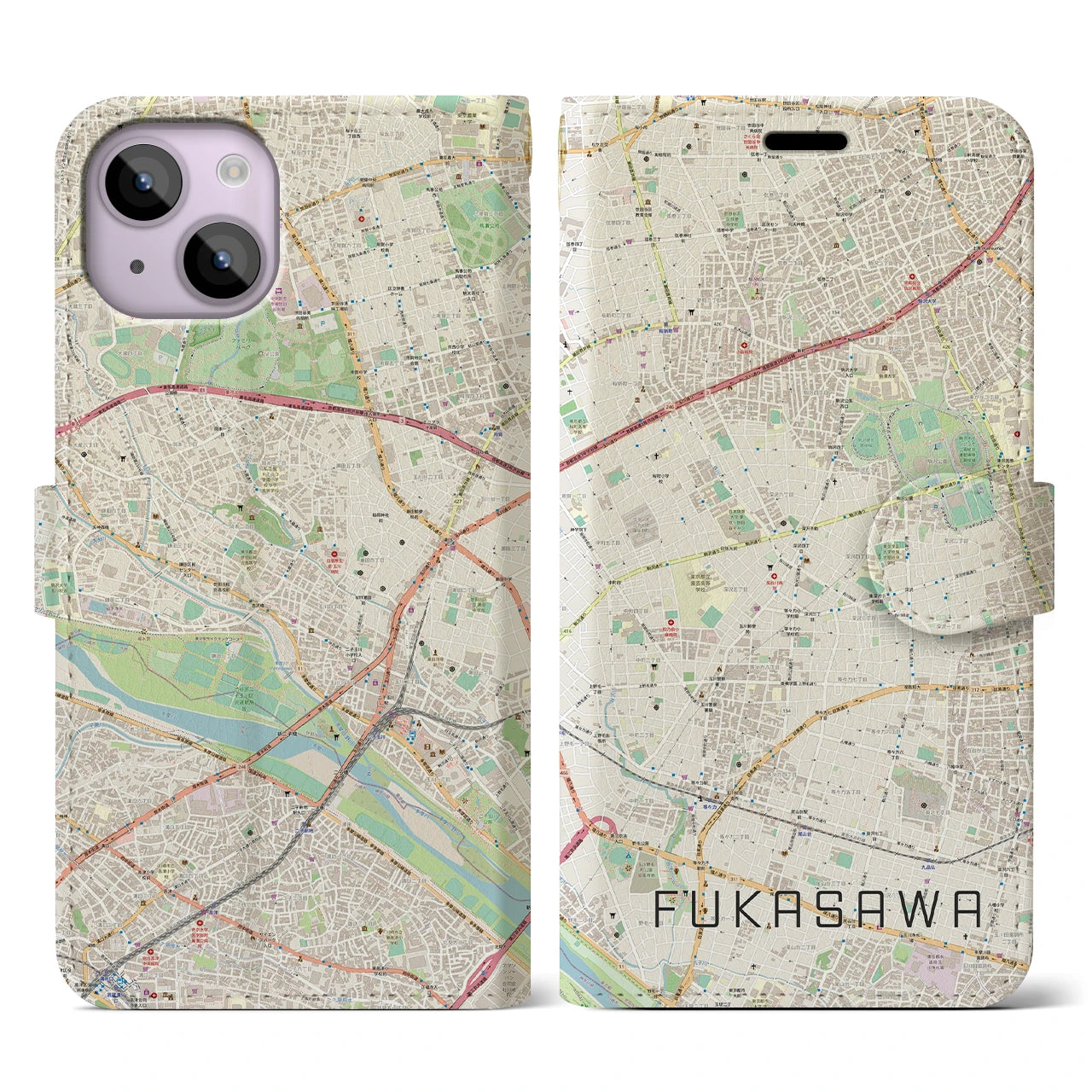 【深沢(東京都)】地図柄iPhoneケース(手帳タイプ)ナチュラル・iPhone 14 用