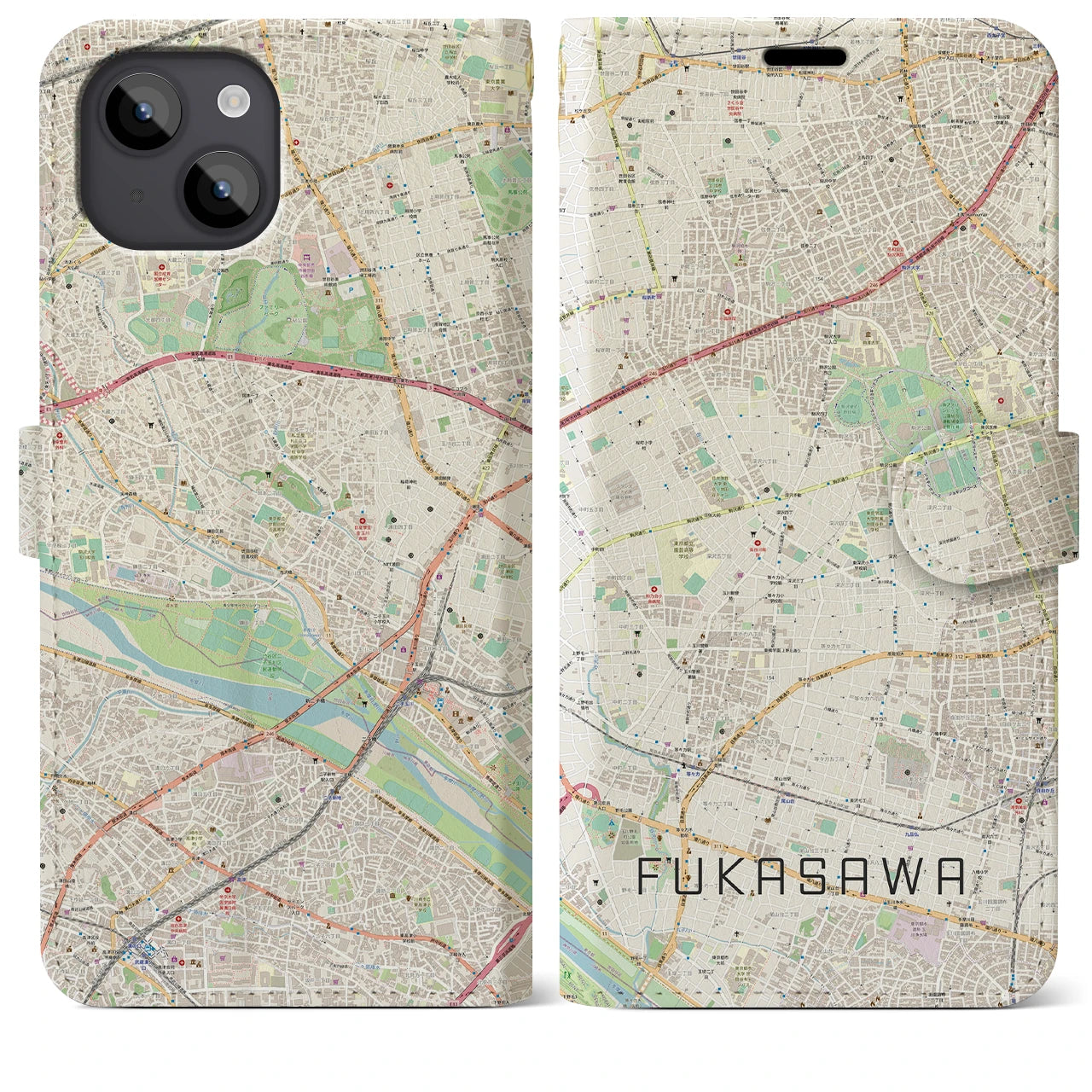 【深沢(東京都)】地図柄iPhoneケース(手帳タイプ)ナチュラル・iPhone 14 Plus 用