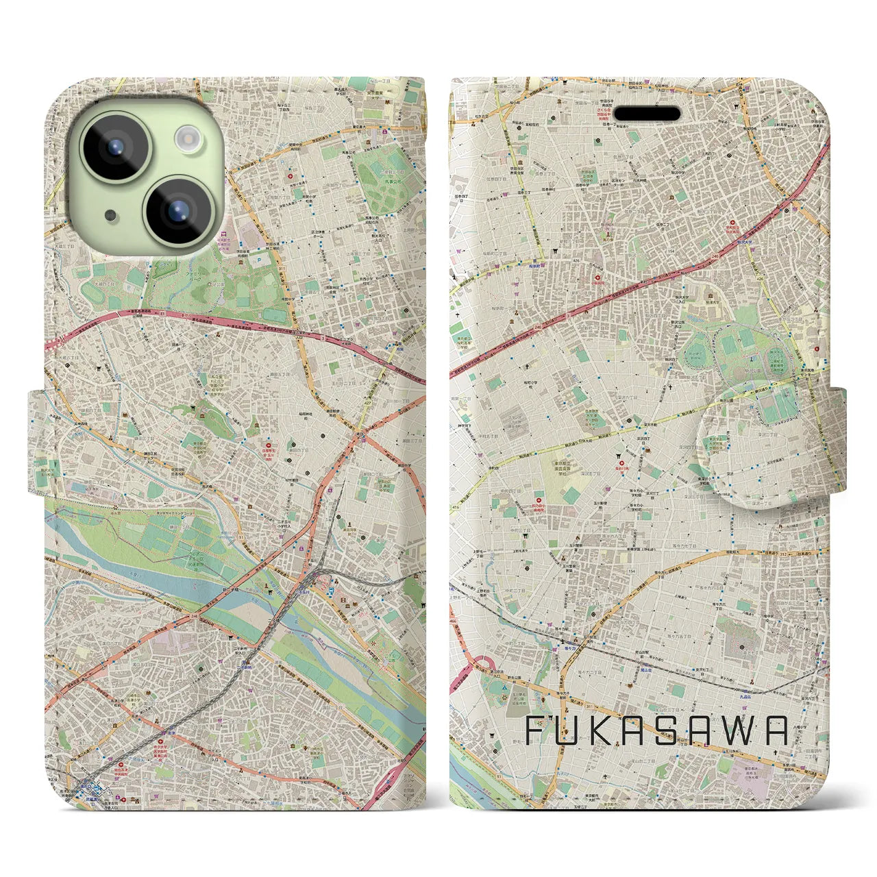 【深沢(東京都)】地図柄iPhoneケース(手帳タイプ)ナチュラル・iPhone 15 用