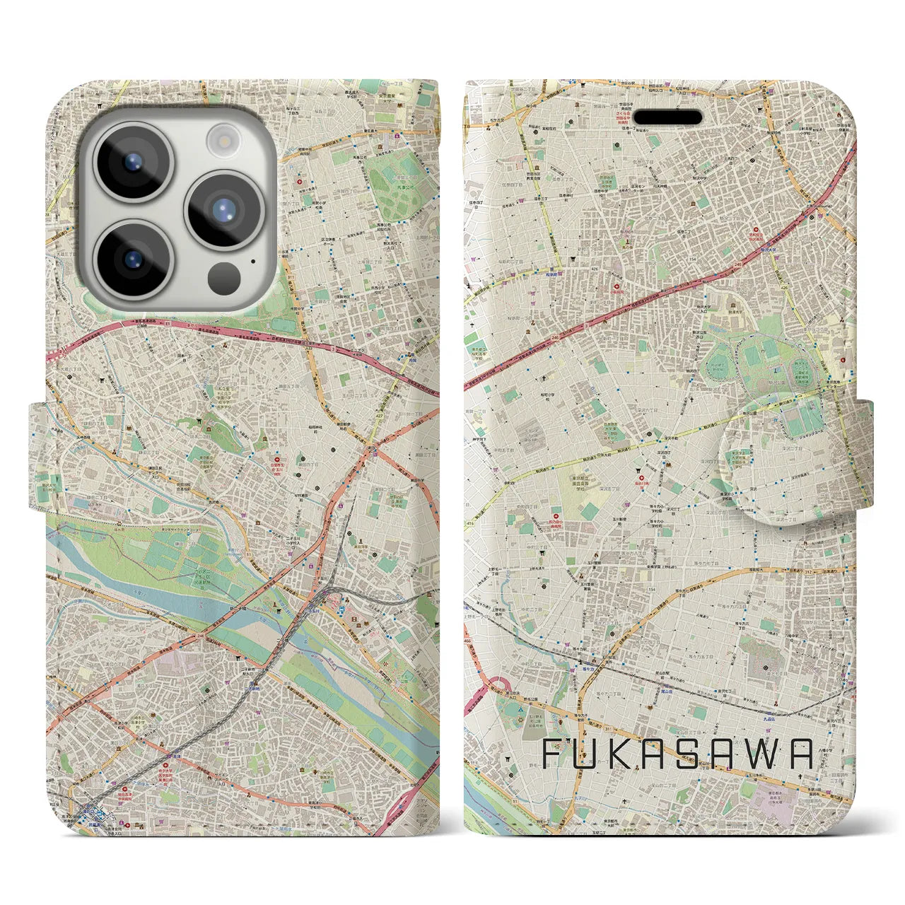 【深沢(東京都)】地図柄iPhoneケース(手帳タイプ)ナチュラル・iPhone 15 Pro 用