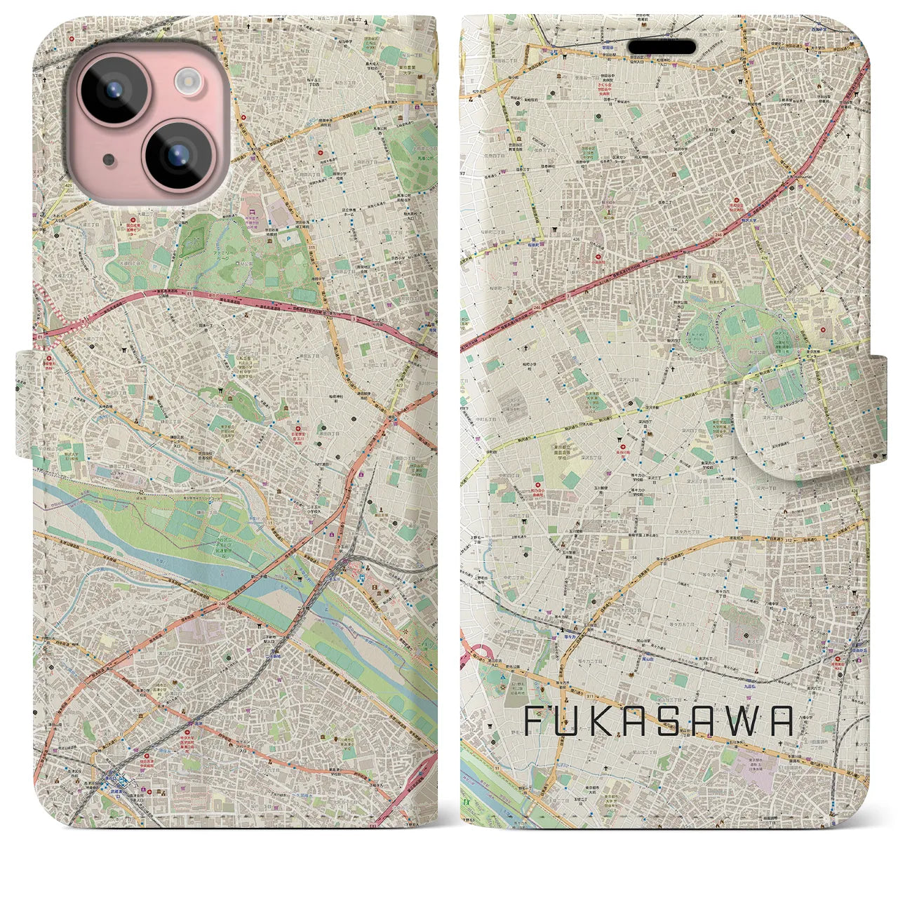 【深沢(東京都)】地図柄iPhoneケース(手帳タイプ)ナチュラル・iPhone 15 Plus 用