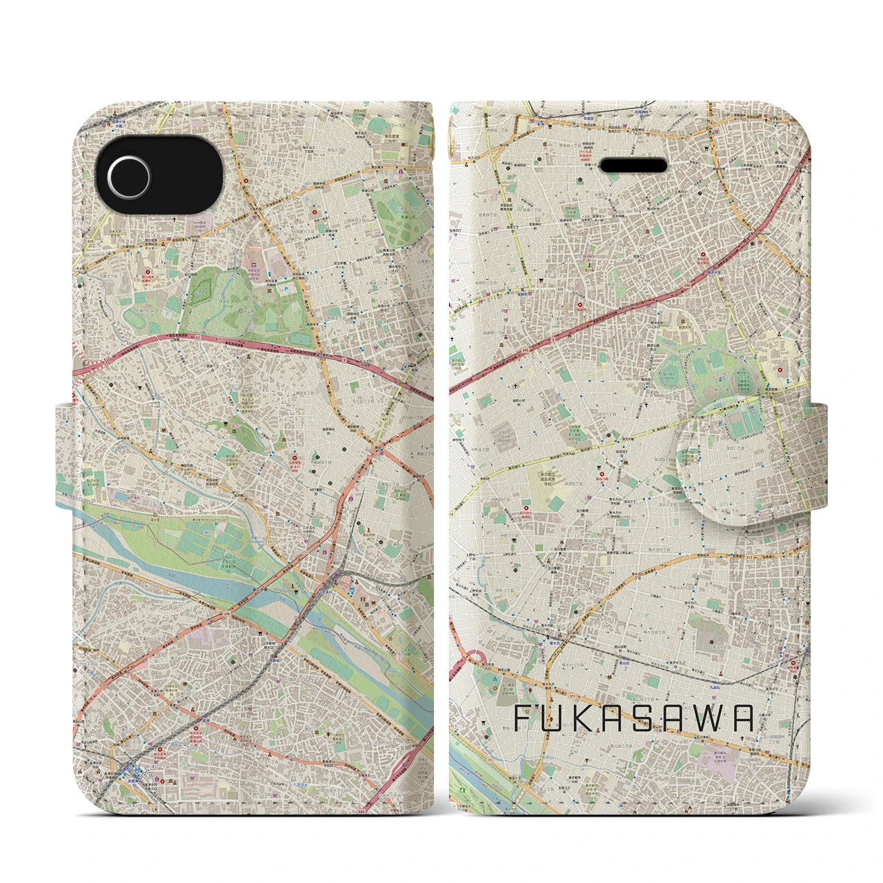【深沢(東京都)】地図柄iPhoneケース(手帳タイプ)ナチュラル・iPhone SE(第3 / 第2世代) / 8 / 7 / 6s / 6 用