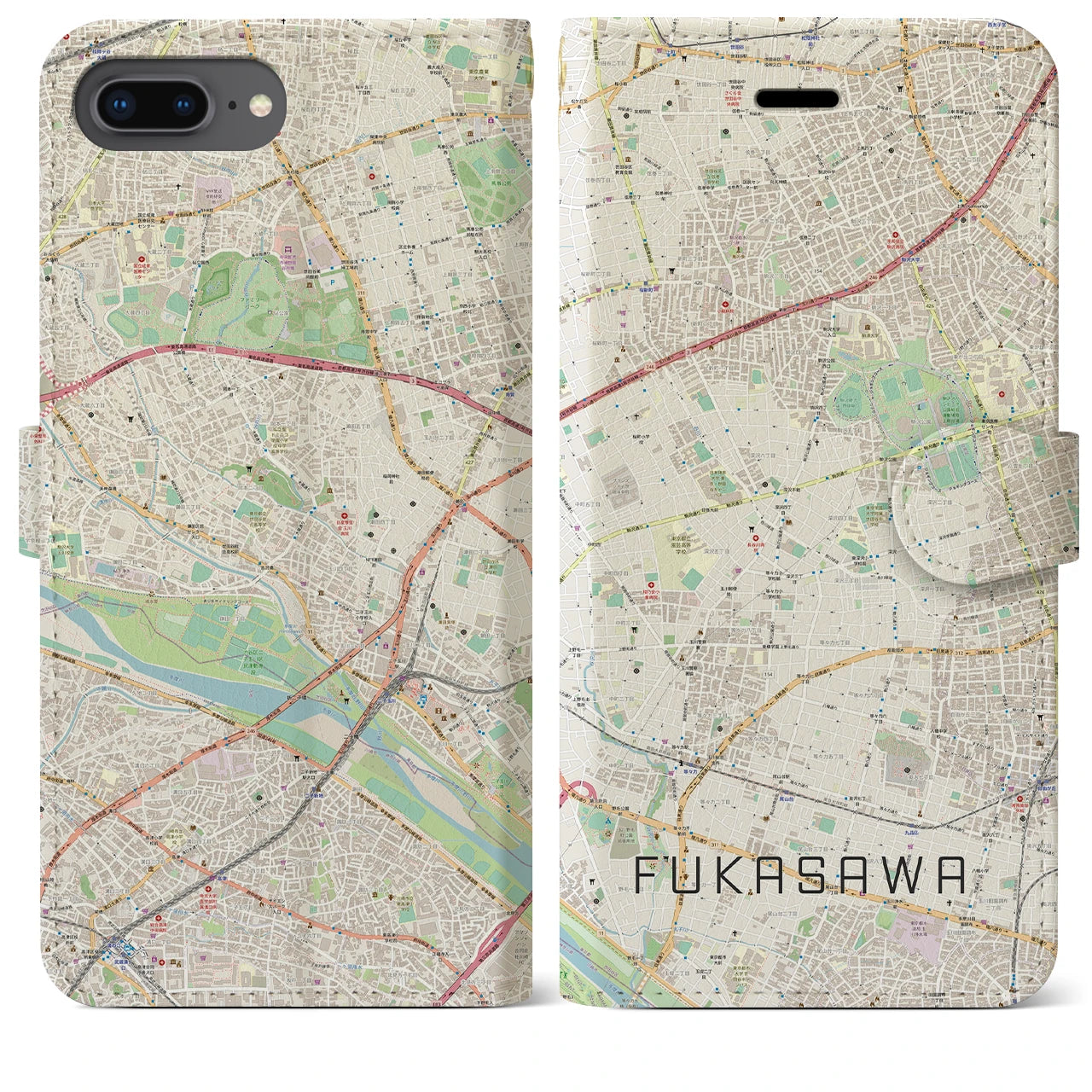 【深沢(東京都)】地図柄iPhoneケース(手帳タイプ)ナチュラル・iPhone 8Plus /7Plus / 6sPlus / 6Plus 用