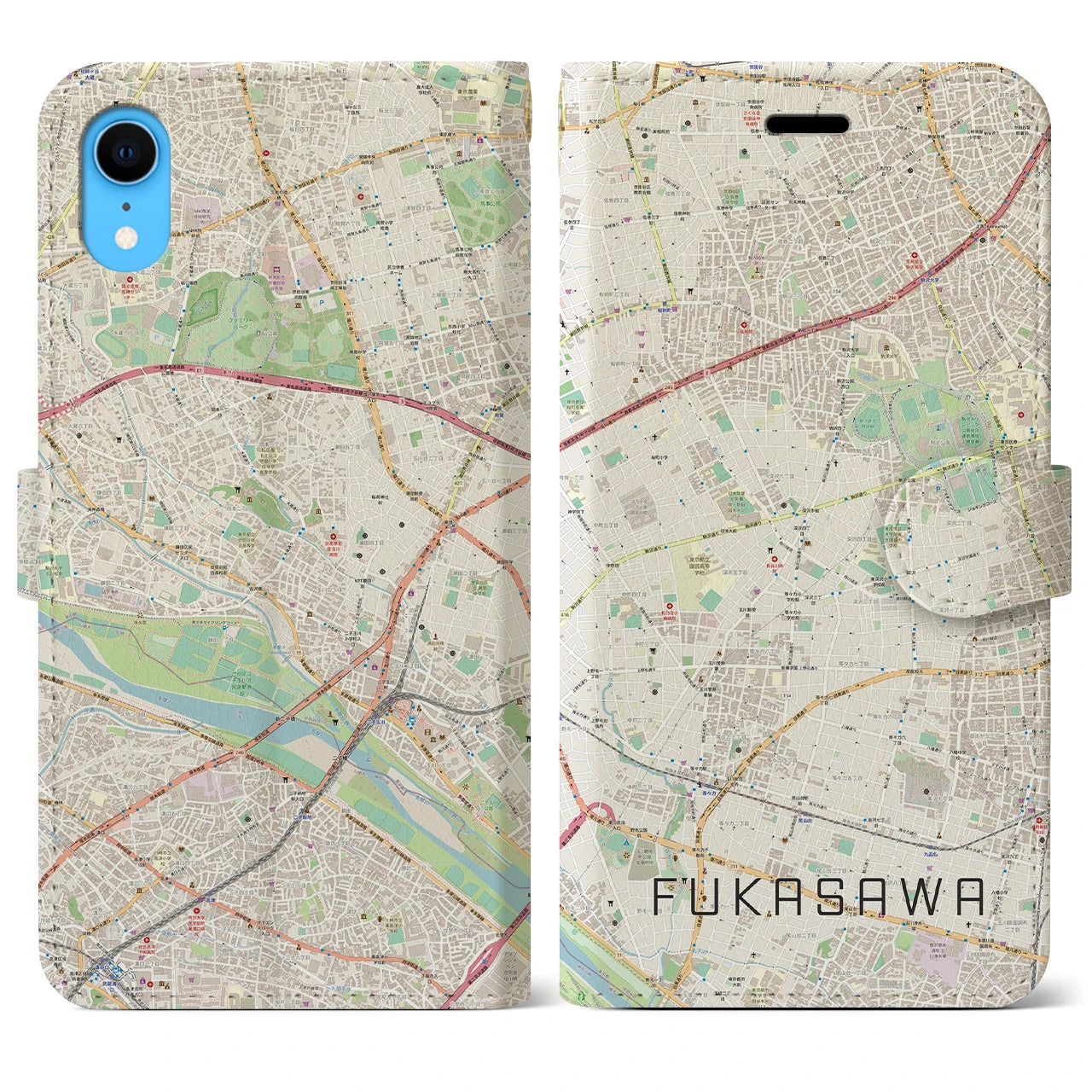 【深沢(東京都)】地図柄iPhoneケース(手帳タイプ)ナチュラル・iPhone XR 用