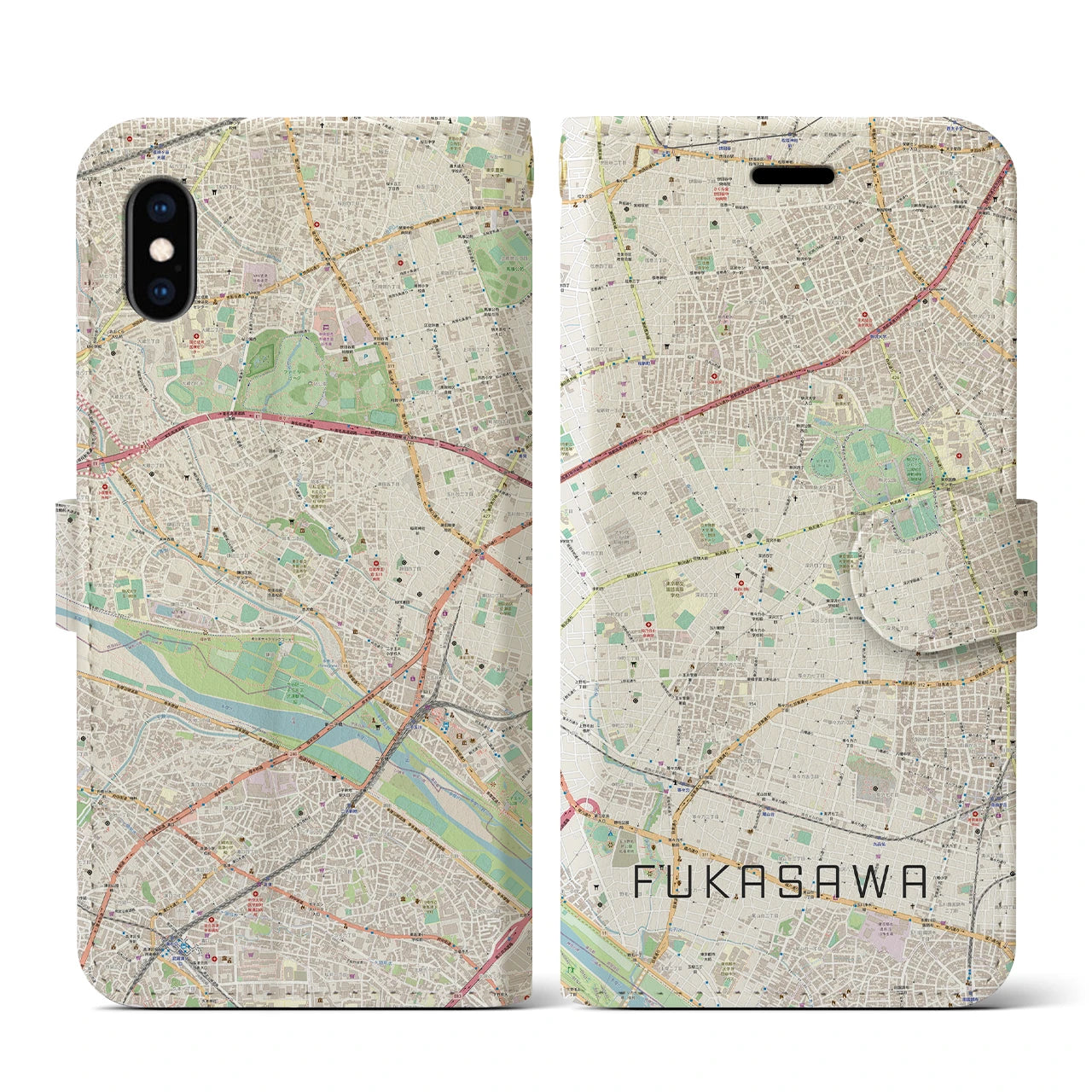 【深沢(東京都)】地図柄iPhoneケース(手帳タイプ)ナチュラル・iPhone XS / X 用