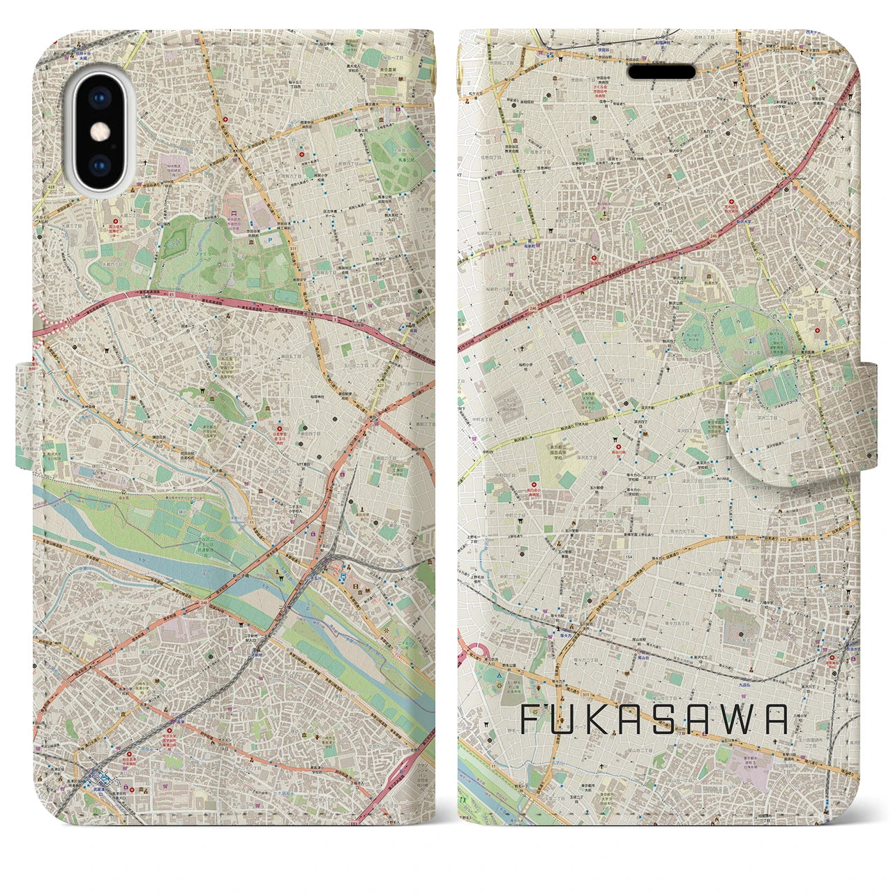 【深沢(東京都)】地図柄iPhoneケース(手帳タイプ)ナチュラル・iPhone XS Max 用