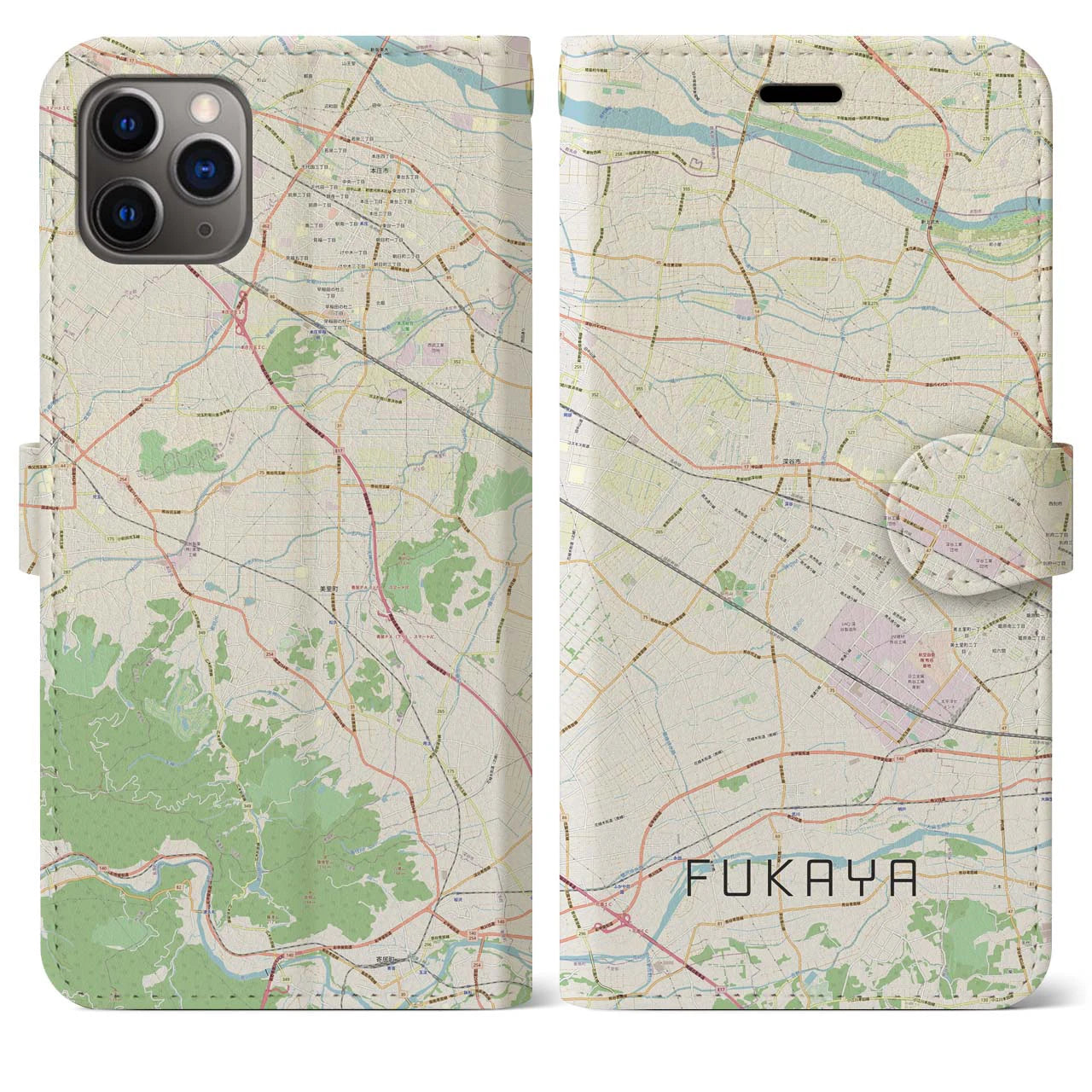【深谷(埼玉県)】地図柄iPhoneケース(手帳タイプ)ナチュラル・iPhone 11 Pro Max 用
