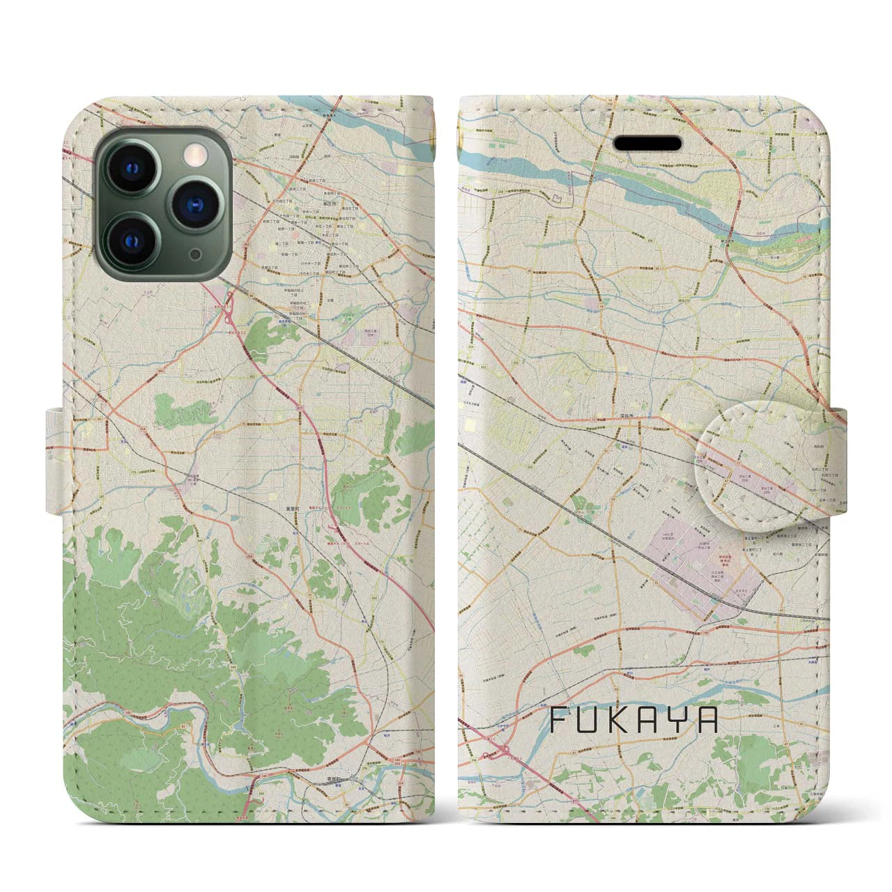 【深谷(埼玉県)】地図柄iPhoneケース(手帳タイプ)ナチュラル・iPhone 11 Pro 用