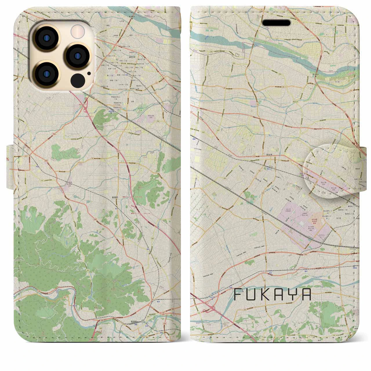 【深谷(埼玉県)】地図柄iPhoneケース(手帳タイプ)ナチュラル・iPhone 12 Pro Max 用