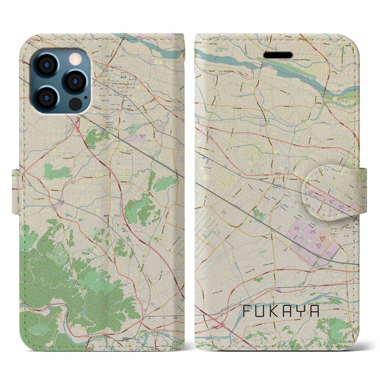 【深谷(埼玉県)】地図柄iPhoneケース(手帳タイプ)ナチュラル・iPhone 12 / 12 Pro 用