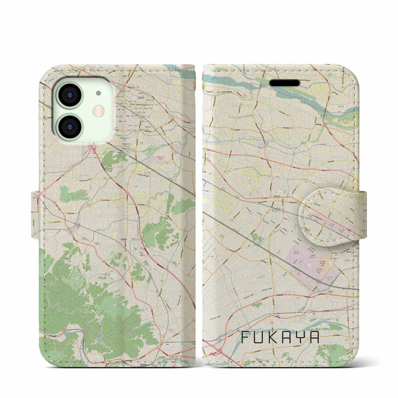 【深谷(埼玉県)】地図柄iPhoneケース(手帳タイプ)ナチュラル・iPhone 12 mini 用