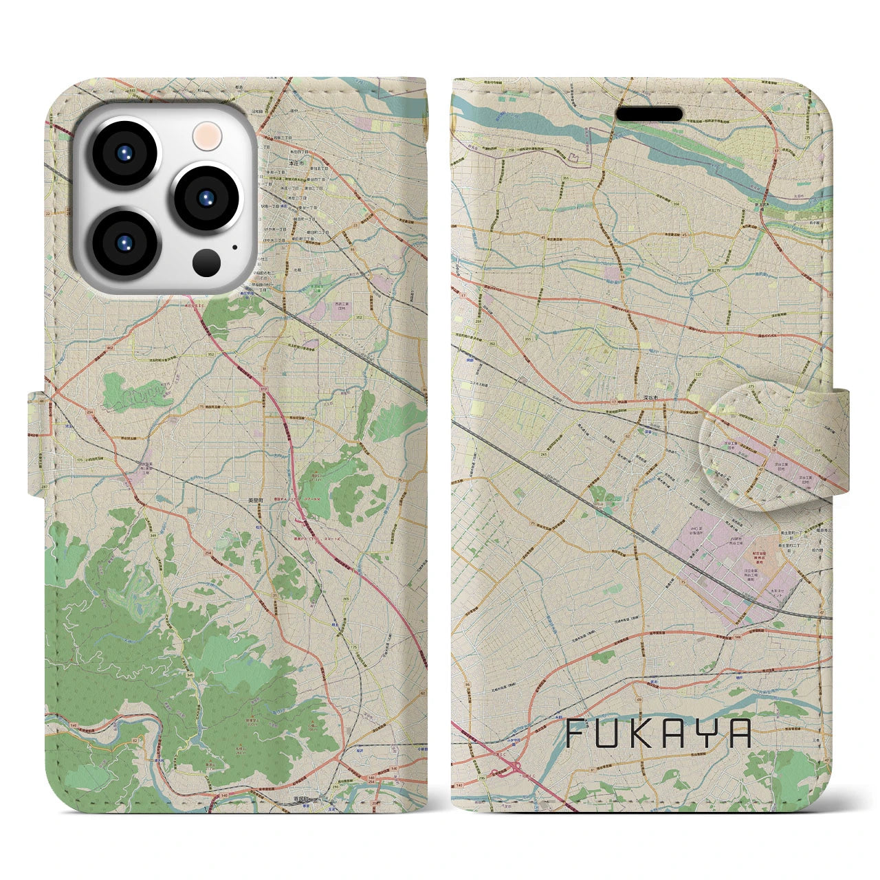 【深谷(埼玉県)】地図柄iPhoneケース(手帳タイプ)ナチュラル・iPhone 13 Pro 用