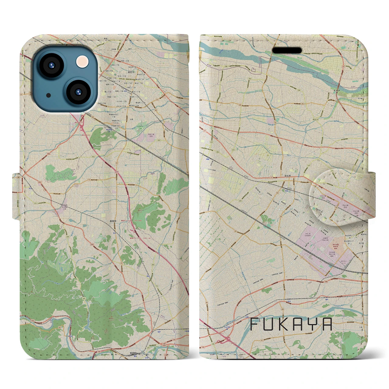 【深谷(埼玉県)】地図柄iPhoneケース(手帳タイプ)ナチュラル・iPhone 13 用