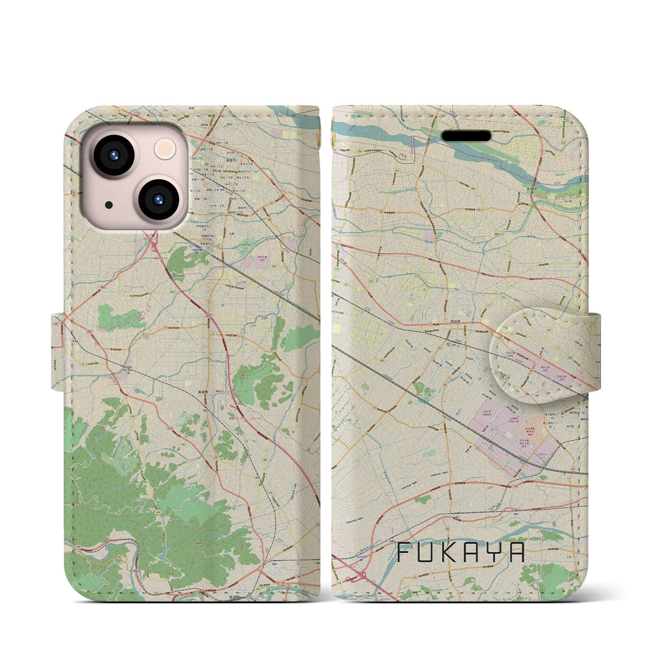 【深谷(埼玉県)】地図柄iPhoneケース(手帳タイプ)ナチュラル・iPhone 13 mini 用