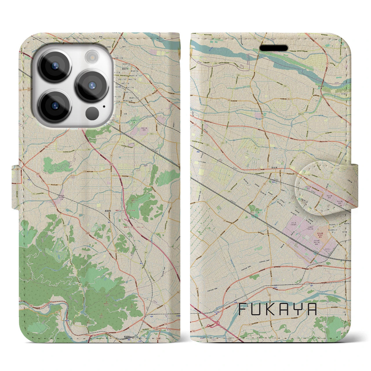 【深谷(埼玉県)】地図柄iPhoneケース(手帳タイプ)ナチュラル・iPhone 14 Pro 用