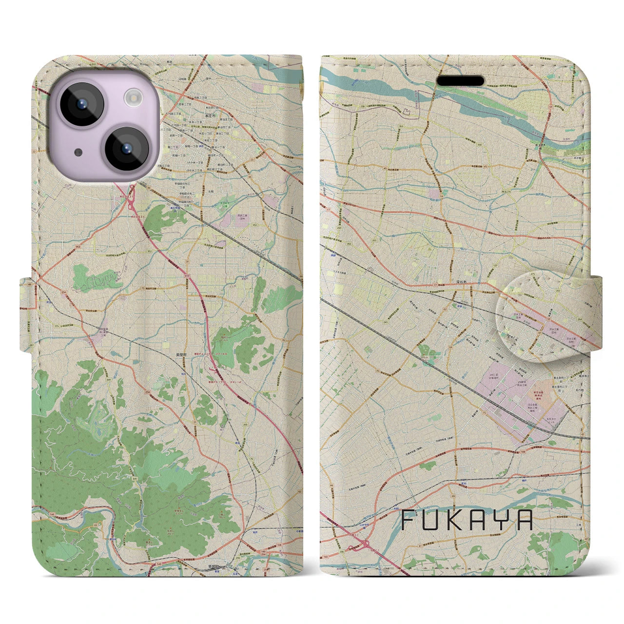 【深谷(埼玉県)】地図柄iPhoneケース(手帳タイプ)ナチュラル・iPhone 14 用