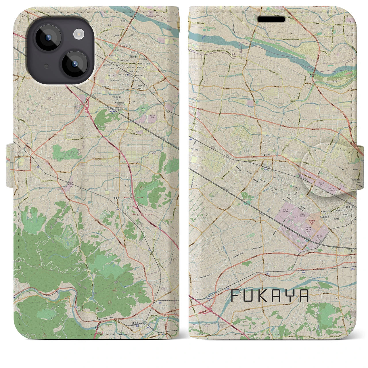 【深谷(埼玉県)】地図柄iPhoneケース(手帳タイプ)ナチュラル・iPhone 14 Plus 用