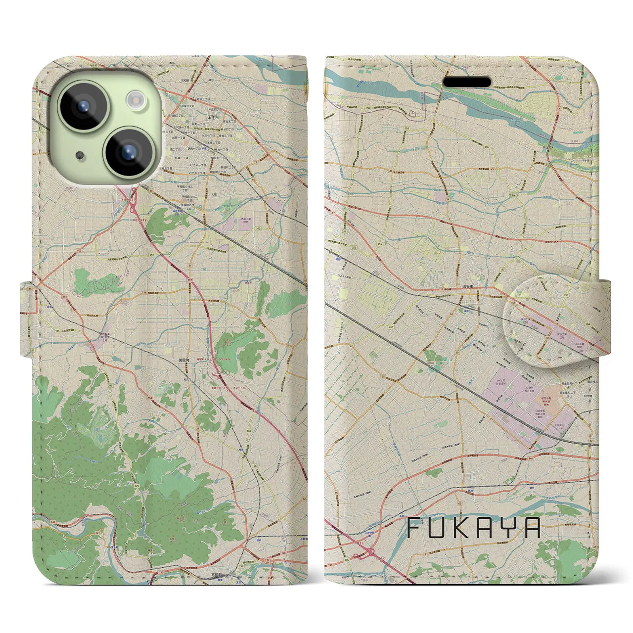 【深谷(埼玉県)】地図柄iPhoneケース(手帳タイプ)ナチュラル・iPhone 15 用