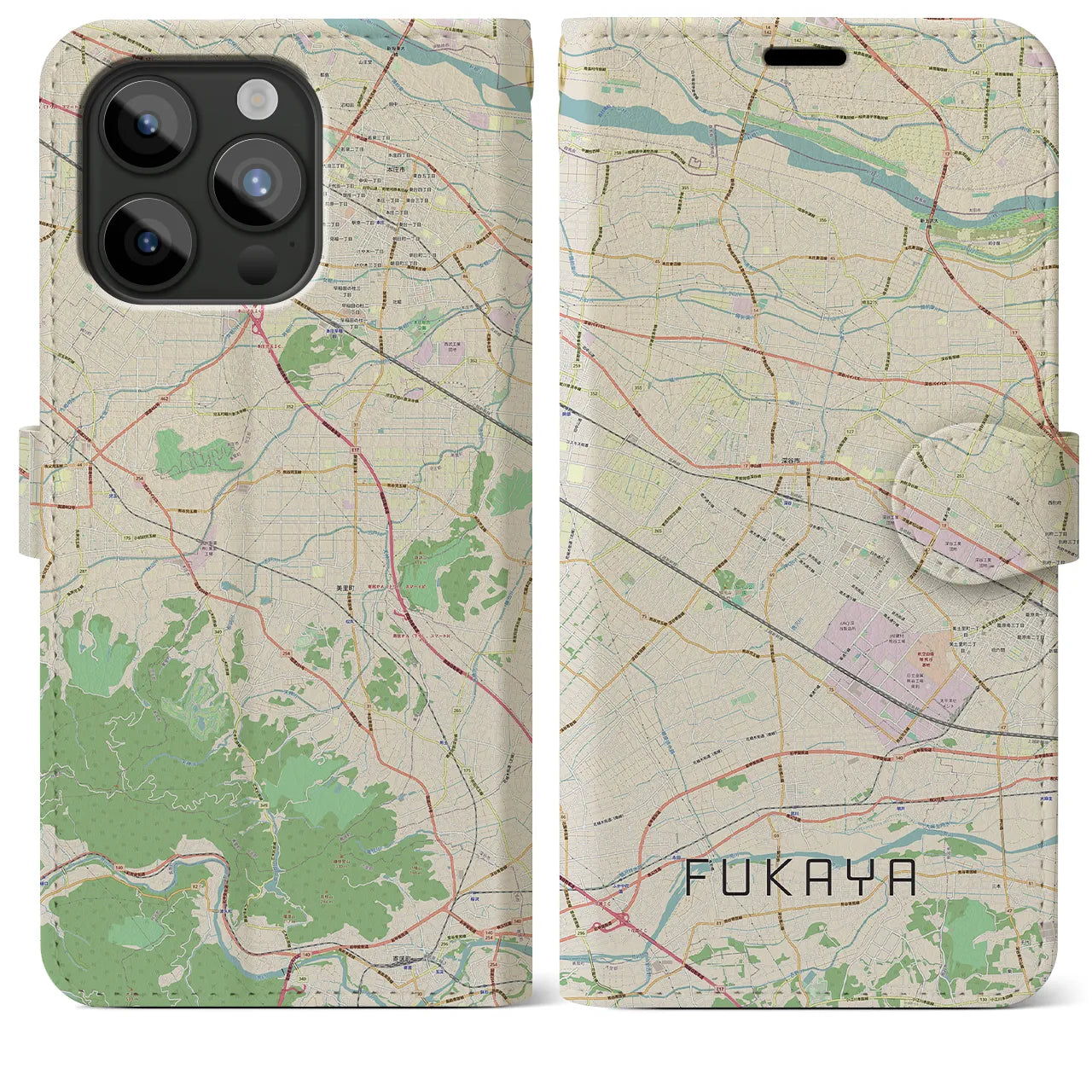 【深谷(埼玉県)】地図柄iPhoneケース(手帳タイプ)ナチュラル・iPhone 15 Pro Max 用