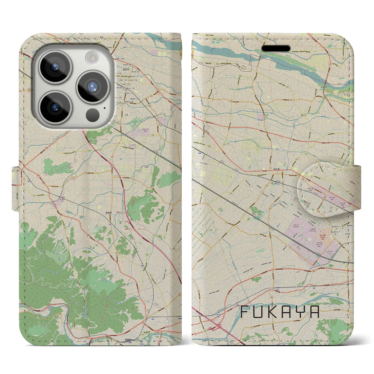 【深谷(埼玉県)】地図柄iPhoneケース(手帳タイプ)ナチュラル・iPhone 15 Pro 用
