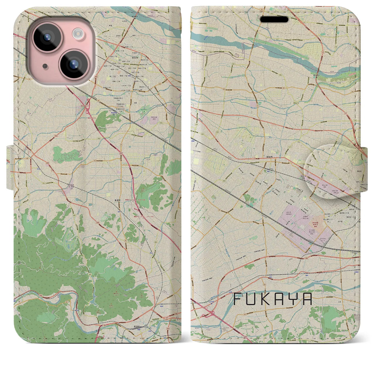 【深谷(埼玉県)】地図柄iPhoneケース(手帳タイプ)ナチュラル・iPhone 15 Plus 用