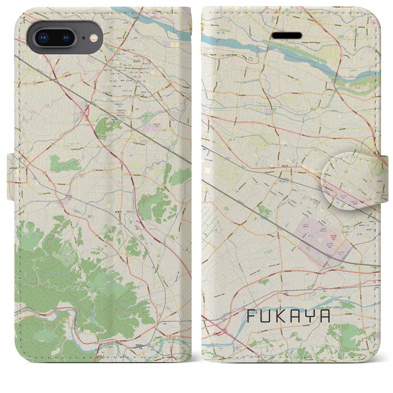 【深谷(埼玉県)】地図柄iPhoneケース(手帳タイプ)ナチュラル・iPhone 8Plus /7Plus / 6sPlus / 6Plus 用
