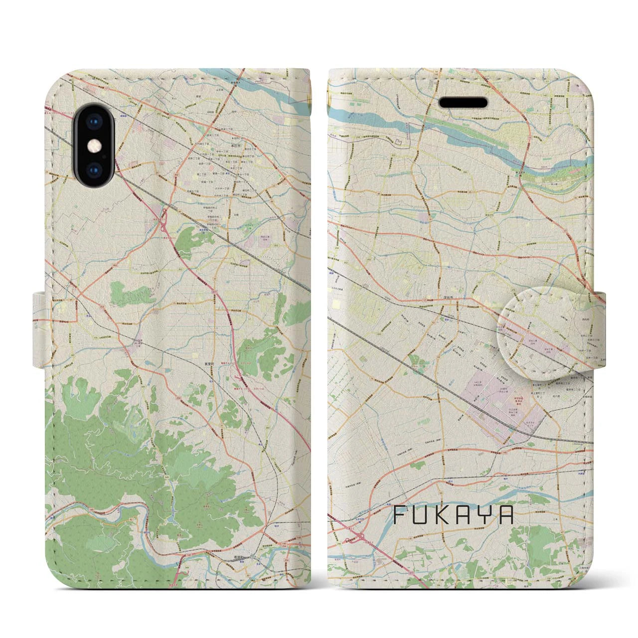 【深谷(埼玉県)】地図柄iPhoneケース(手帳タイプ)ナチュラル・iPhone XS / X 用