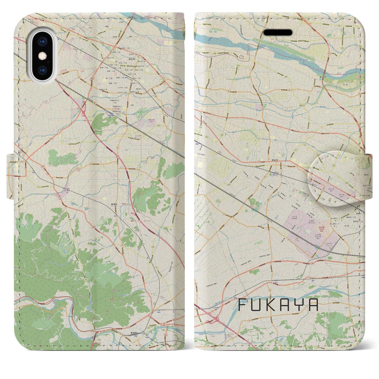 【深谷(埼玉県)】地図柄iPhoneケース(手帳タイプ)ナチュラル・iPhone XS Max 用