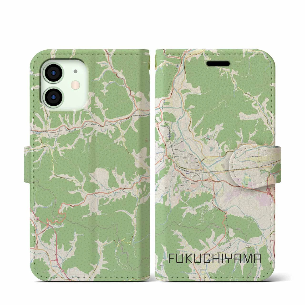 【福知山(京都府)】地図柄iPhoneケース(手帳タイプ)ナチュラル・iPhone 12 mini 用
