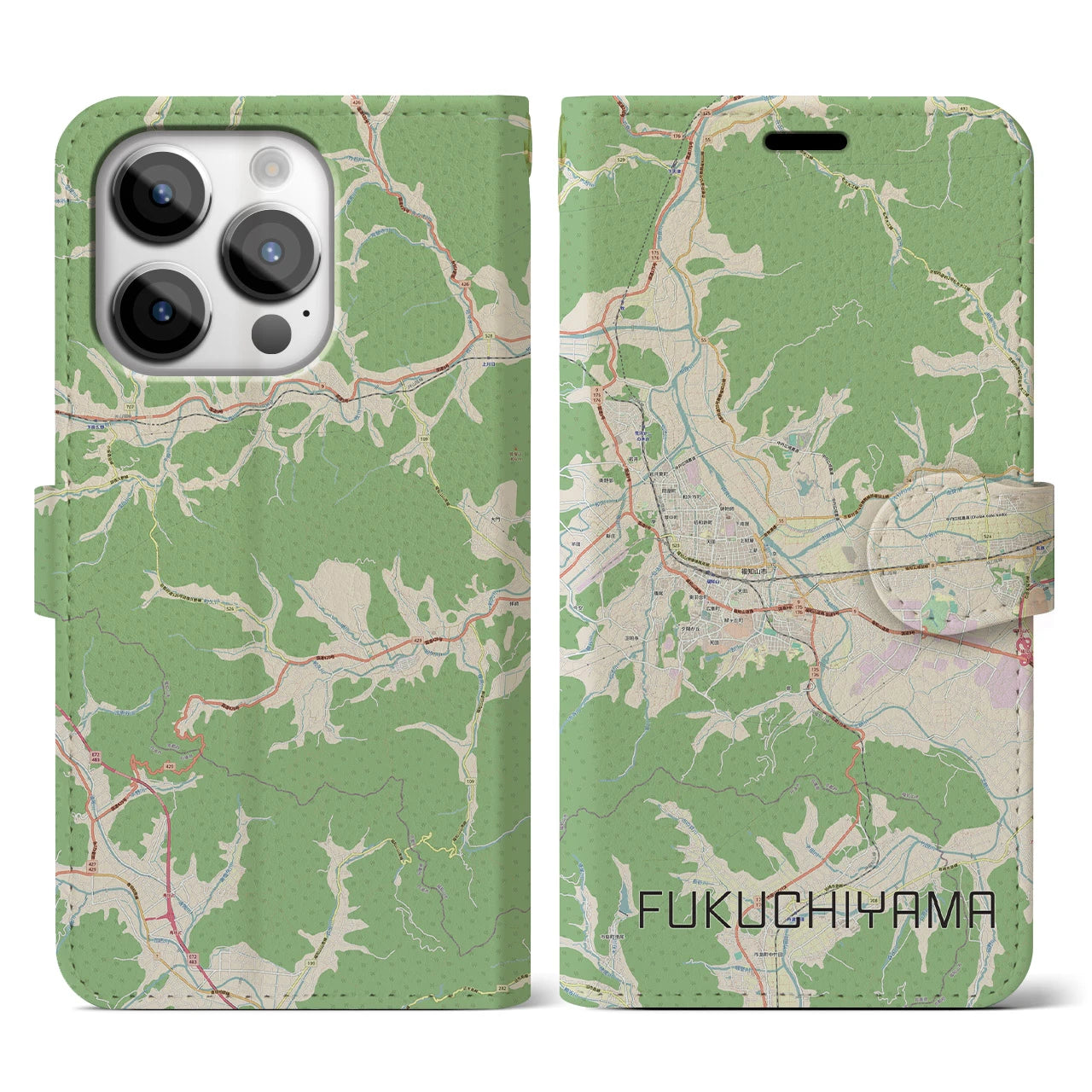 【福知山(京都府)】地図柄iPhoneケース(手帳タイプ)ナチュラル・iPhone 14 Pro 用