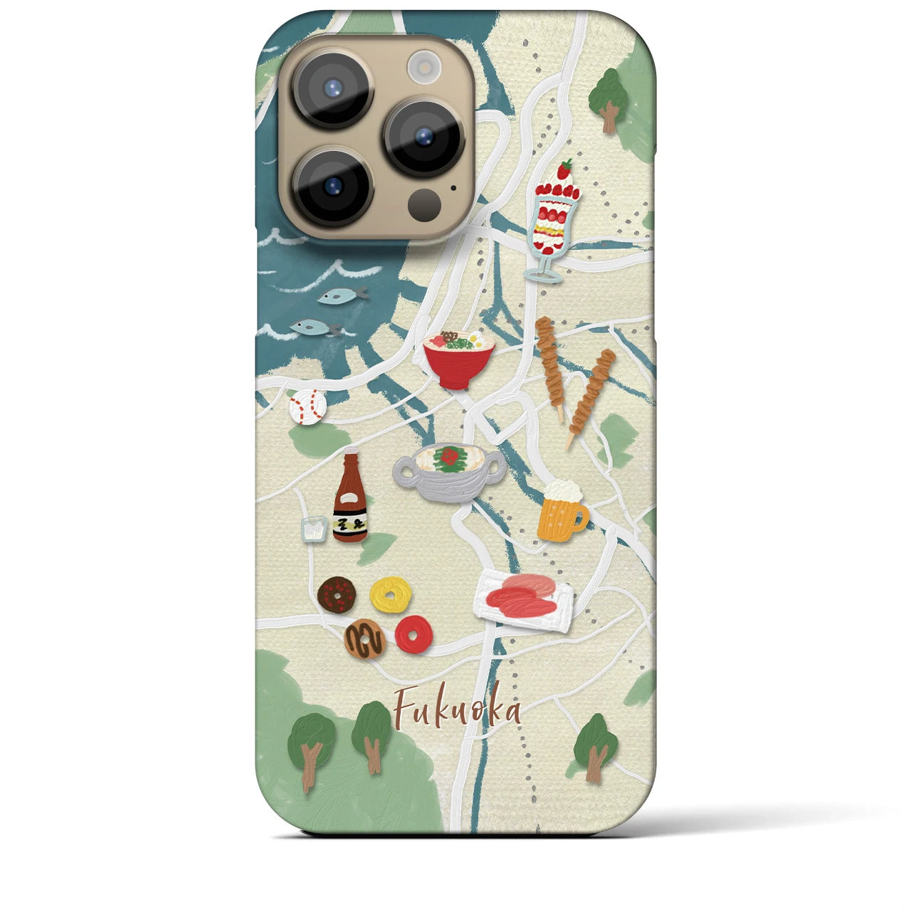 【福岡(イラスト)】地図柄iPhoneケース(バックカバータイプ・クリーム)iPhone 14 Pro Max 用