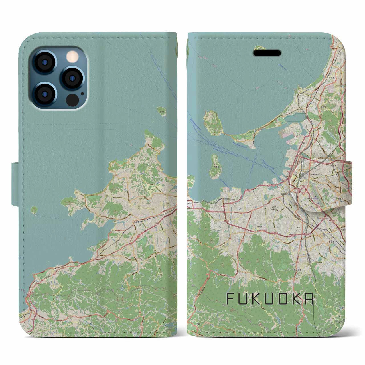 【福岡(福岡県)】地図柄iPhoneケース(手帳タイプ)ナチュラル・iPhone 12 / 12 Pro 用