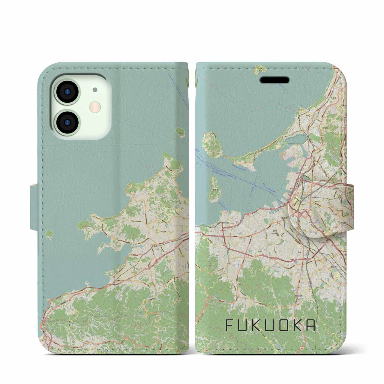 【福岡(福岡県)】地図柄iPhoneケース(手帳タイプ)ナチュラル・iPhone 12 mini 用