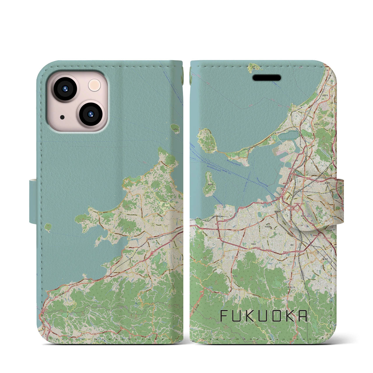 【福岡(福岡県)】地図柄iPhoneケース(手帳タイプ)ナチュラル・iPhone 13 mini 用