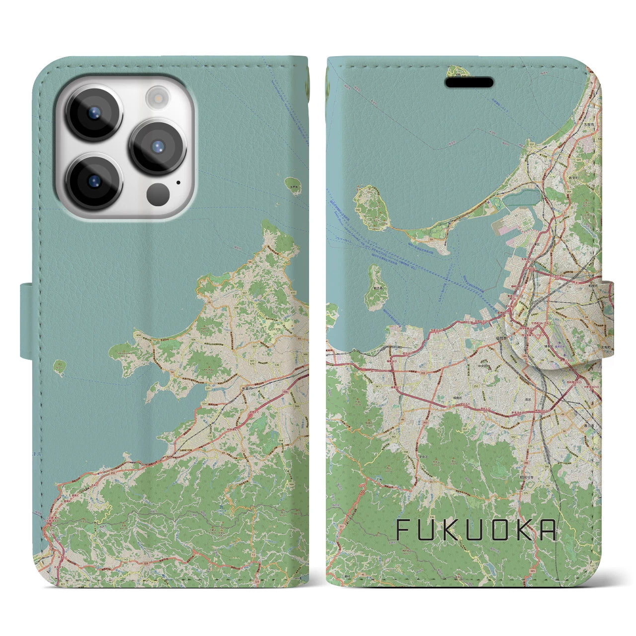 【福岡(福岡県)】地図柄iPhoneケース(手帳タイプ)ナチュラル・iPhone 14 Pro 用