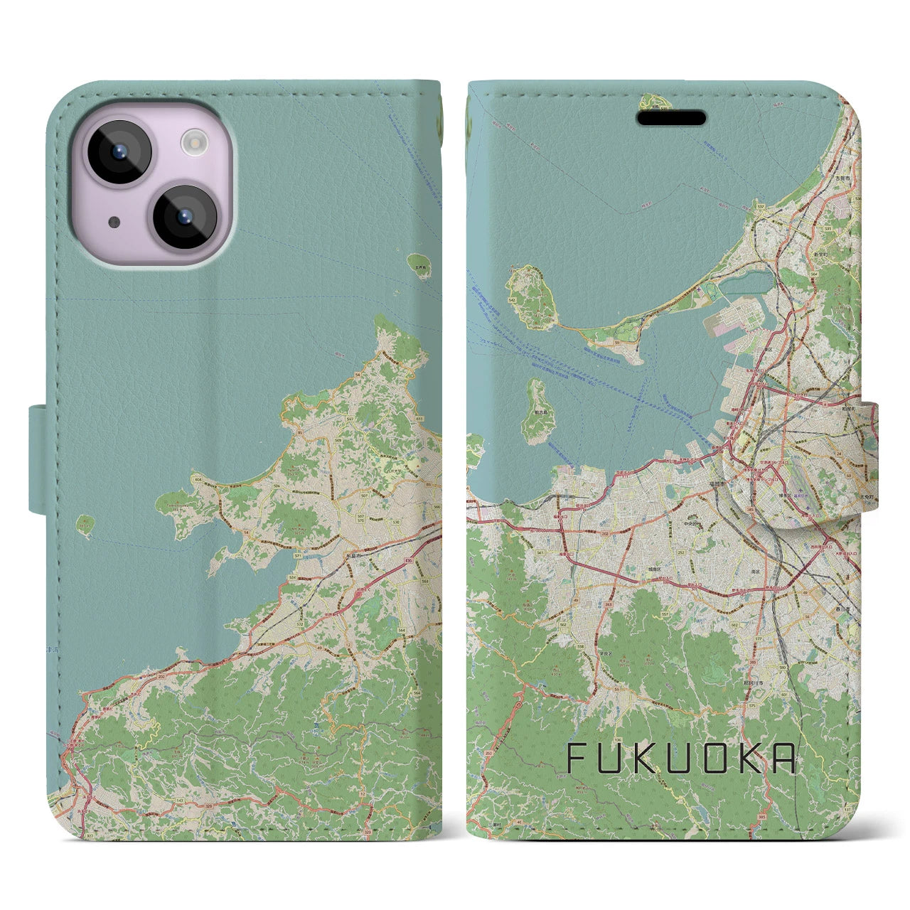 【福岡(福岡県)】地図柄iPhoneケース(手帳タイプ)ナチュラル・iPhone 14 用