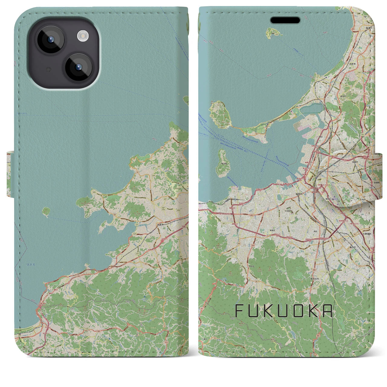 【福岡(福岡県)】地図柄iPhoneケース(手帳タイプ)ナチュラル・iPhone 14 Plus 用