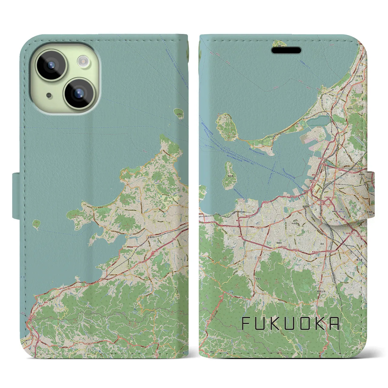 【福岡(福岡県)】地図柄iPhoneケース(手帳タイプ)ナチュラル・iPhone 15 用