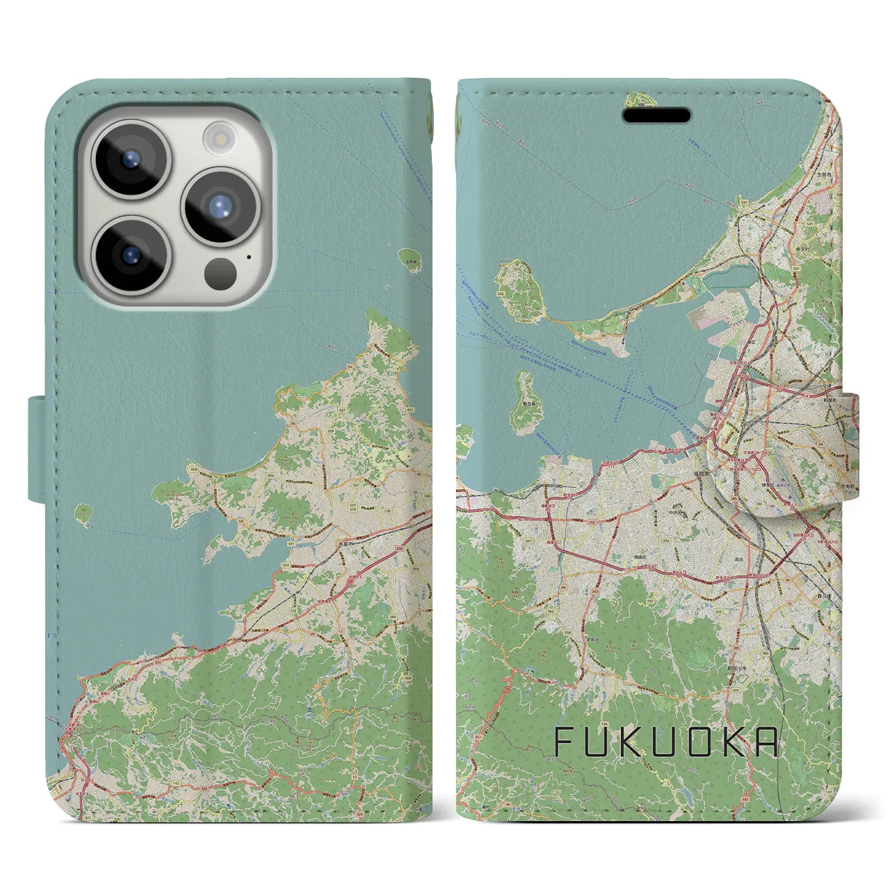 【福岡(福岡県)】地図柄iPhoneケース(手帳タイプ)ナチュラル・iPhone 15 Pro 用