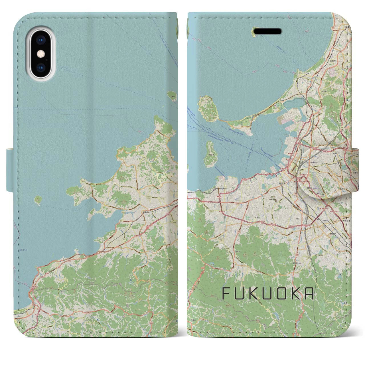 【福岡(福岡県)】地図柄iPhoneケース(手帳タイプ)ナチュラル・iPhone XS Max 用