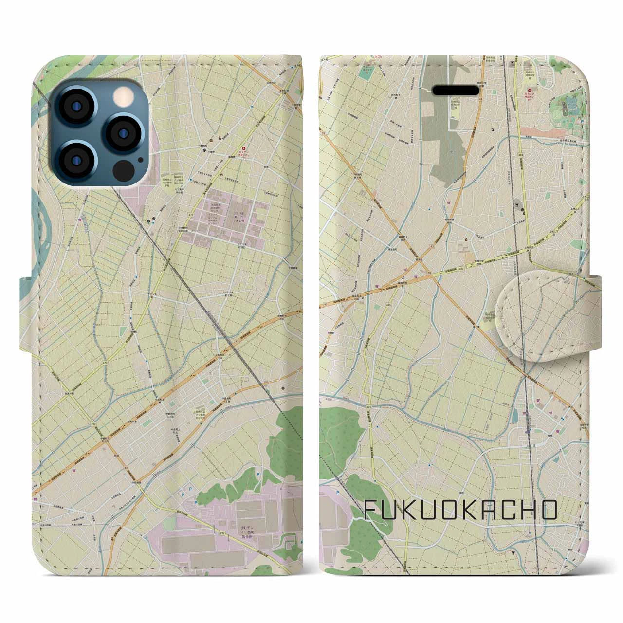 【福岡町(愛知県)】地図柄iPhoneケース(手帳タイプ)ナチュラル・iPhone 12 / 12 Pro 用